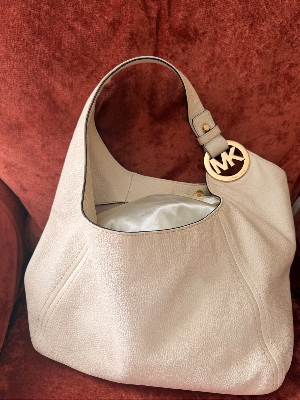Michael Kors Cream Pebbled Leather Shoulder Hobo with Gold MK Charm